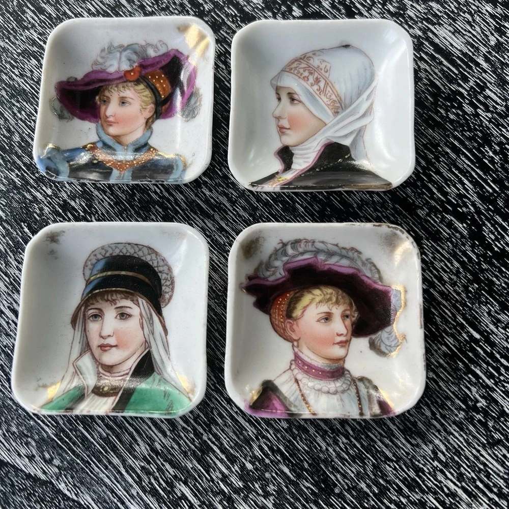 Lot Of 4 Antique Victorian‎ Butter Pats-Hand Painted Portrait Lady Ladies 1900's